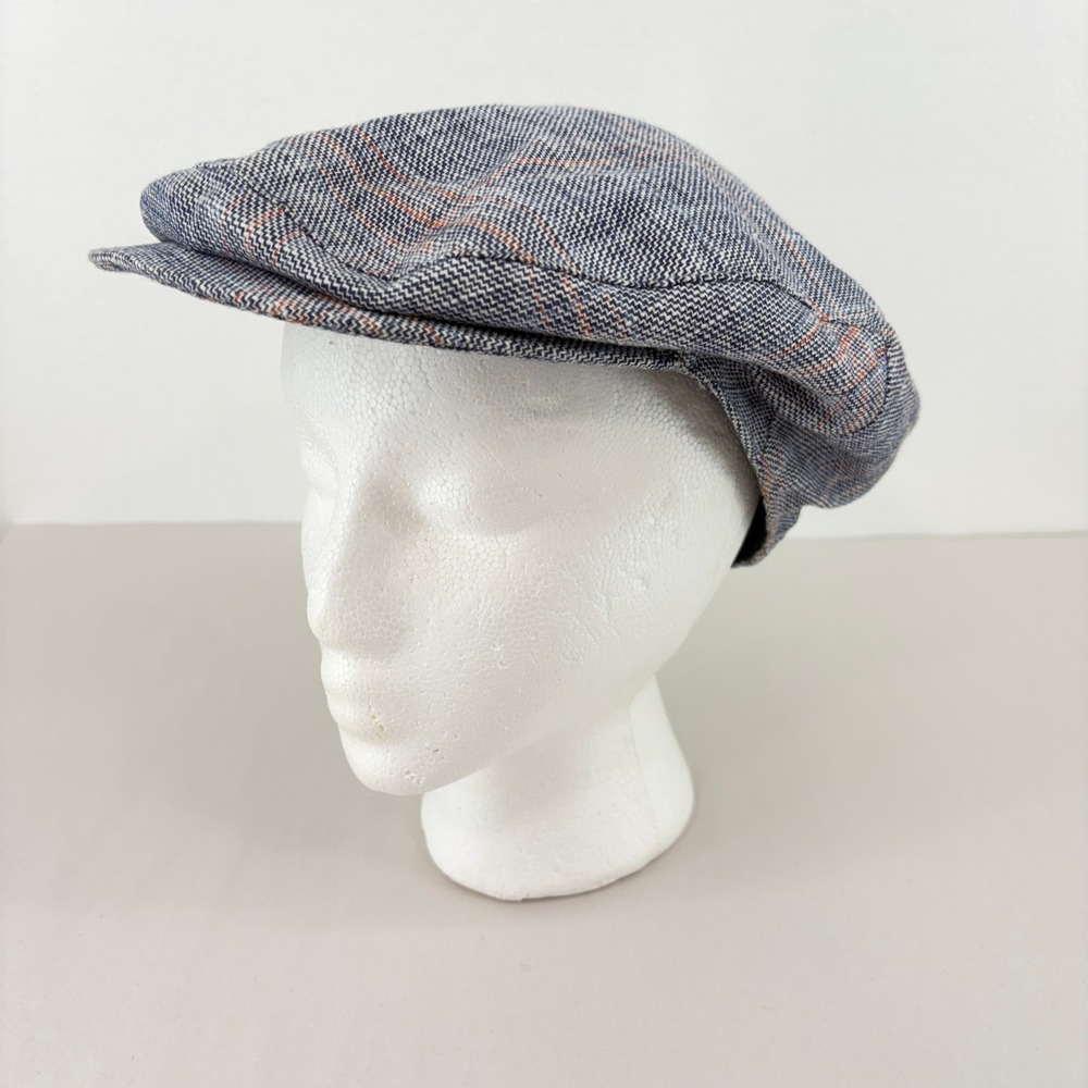 Fiebig Mens Flat Cap Blue Plaid Linen Cotton Made in Italy 41168 Size 59 US L